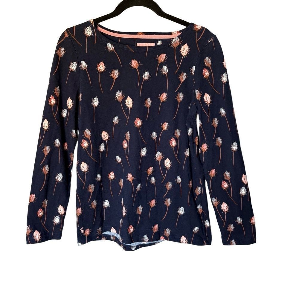 Joules Jersey Top Size 10 Navy Harbour Print Floral Boat Neck Coastal Preppy